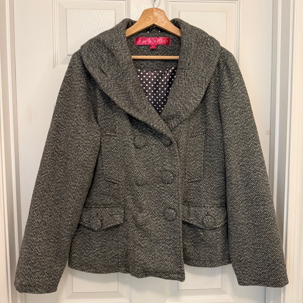 EUC Y2K Vintage Paris Hilton Grey Wool Blend Double Breasted Peacoat
